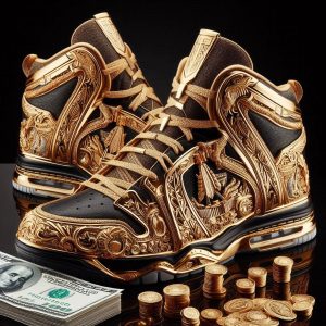 a highly luxurious, custom designed sneaker inspired by opulence and wealth, themed as if made for a high profile individual like a tycoon. the sneake