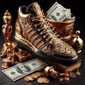a highly luxurious, custom designed sneaker inspired by opulence and wealth, themed as if made for a high profile individual like a tycoon. the sneake