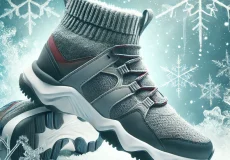 , winter themed image featuring a pair of trendy running sneakers or sports shoes. the shoes should be displayed with a snowy background, icy