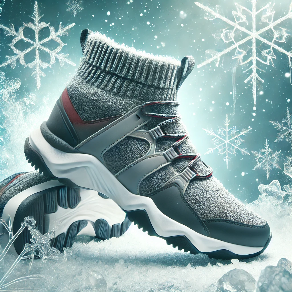 , winter themed image featuring a pair of trendy running sneakers or sports shoes. the shoes should be displayed with a snowy background, icy