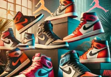 a stylish image showcasing various models of jordan sneakers, including classic designs like jordan 1 high and jordan 1 low. the scene features vibran