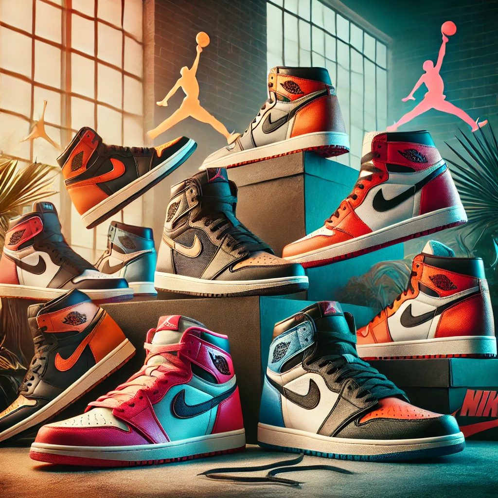 a stylish image showcasing various models of jordan sneakers, including classic designs like jordan 1 high and jordan 1 low. the scene features vibran