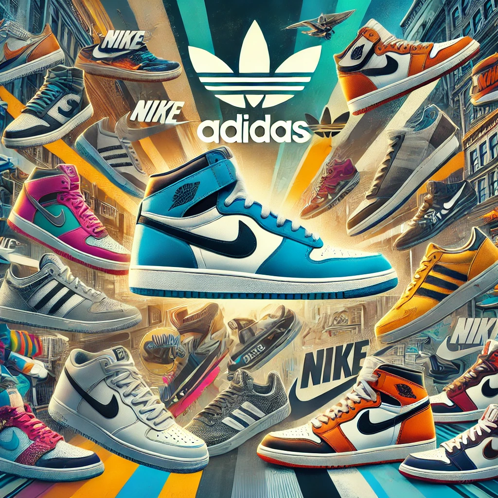 vibrant collage of iconic sneaker brands, including nike, adidas, and jordan, with logos and popular sneaker models like nike air force, adidas supe