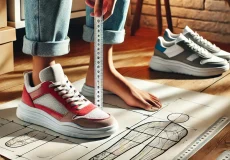 a detailed image of a foot measurement process for selecting the right sneaker size. the scene includes a person standing on a paper with foot outline