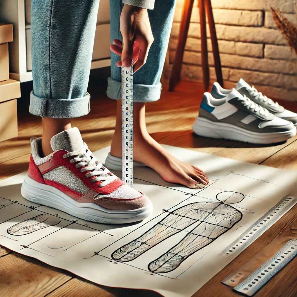 a detailed image of a foot measurement process for selecting the right sneaker size. the scene includes a person standing on a paper with foot outline