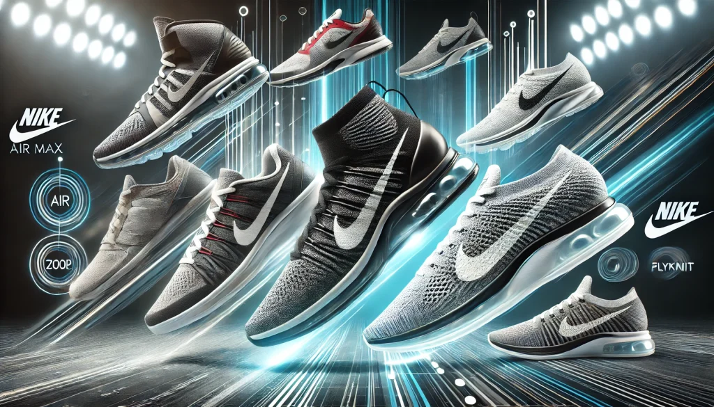 a modern and dynamic image showcasing nike footwear with air, zoom, and flyknit technologies. the image should include a variety of shoes representing