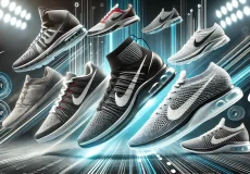 a modern and dynamic image showcasing nike footwear with air, zoom, and flyknit technologies. the image should include a variety of shoes representing