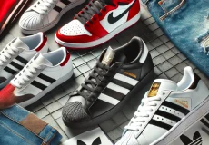 a fashionable layout of sneakers from iconic brands a jordan sneaker with a red and black design, an adidas samba in classic white with black stripes