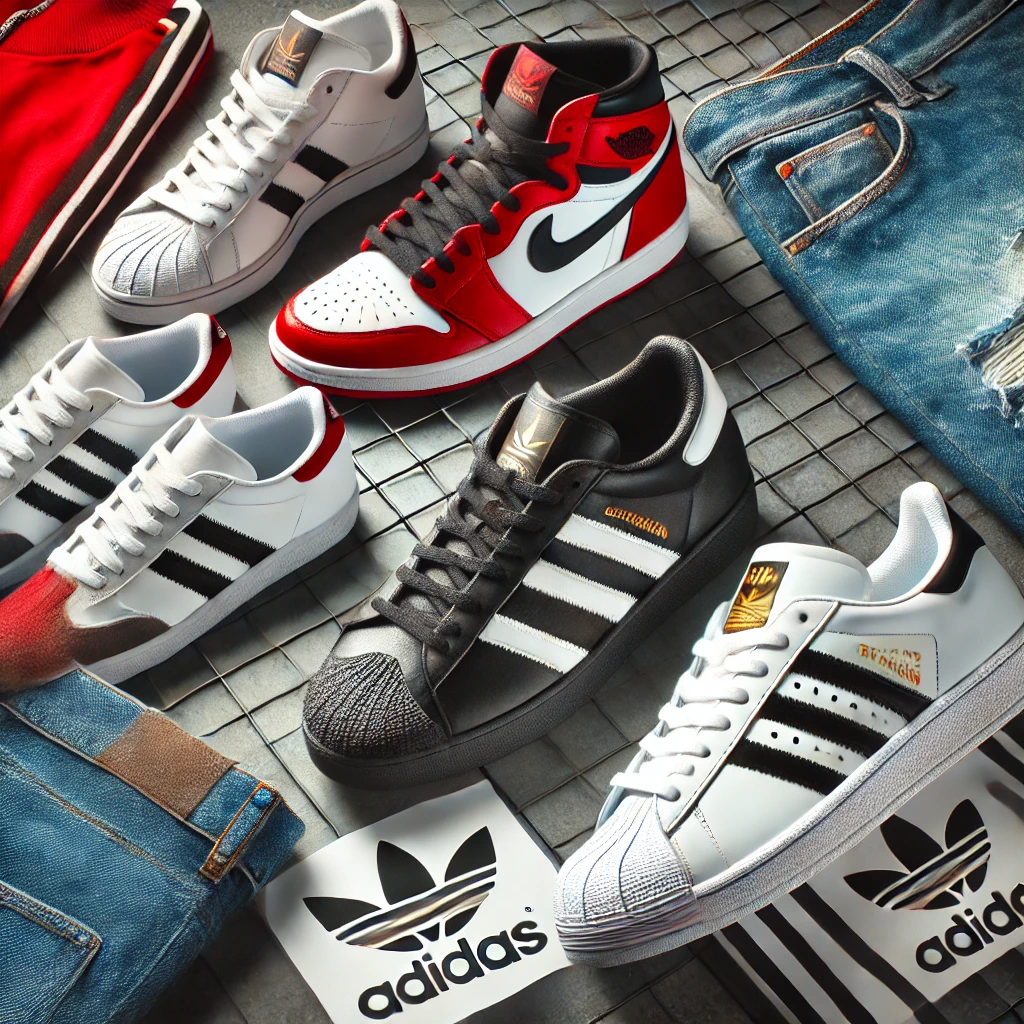 a fashionable layout of sneakers from iconic brands a jordan sneaker with a red and black design, an adidas samba in classic white with black stripes