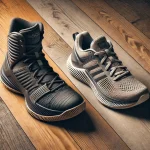 a realistic image comparing basketball shoes and running shoes side by side on a wooden floor. the basketball shoe has a high top design with strong a