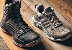 a realistic image comparing basketball shoes and running shoes side by side on a wooden floor. the basketball shoe has a high top design with strong a