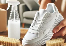 a clean and bright image of a white sneaker being gently cleaned with a soft bristled brush and a foamy cleaning solution. the scene is well lit with