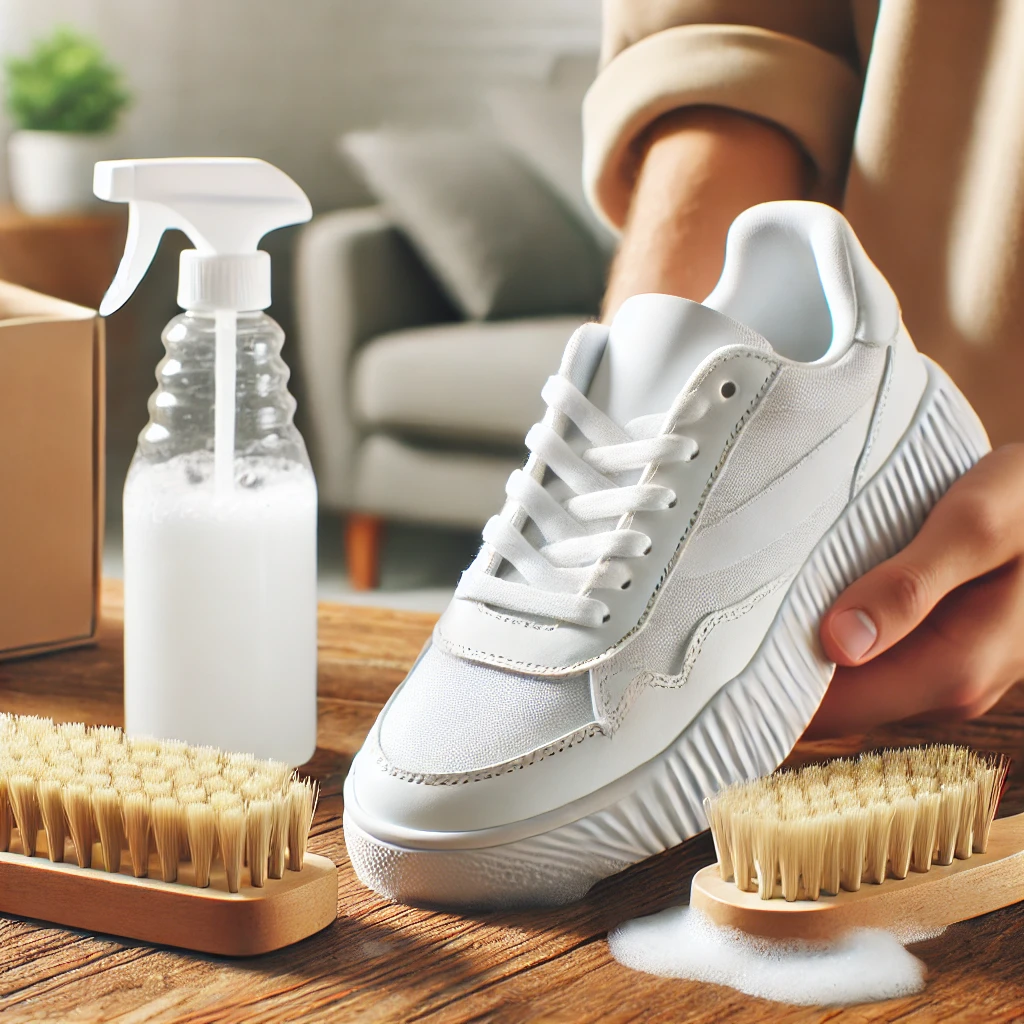 a clean and bright image of a white sneaker being gently cleaned with a soft bristled brush and a foamy cleaning solution. the scene is well lit with