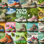 a vibrant collage representing 2025 sneaker trends, featuring a colorful array of sneakers arranged in categories such as natural earth tone sneakers,