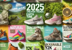 a vibrant collage representing 2025 sneaker trends, featuring a colorful array of sneakers arranged in categories such as natural earth tone sneakers,