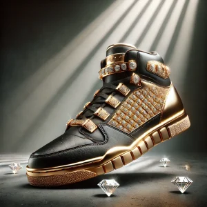 a highly luxurious, custom designed sneaker inspired by opulence and wealth, themed as if made for a high profile individual like a tycoon. the sneake