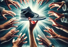 a dynamic and engaging image showcasing a rare sneaker being grabbed by multiple hands, symbolizing the competition for exclusive shoes. the scene is