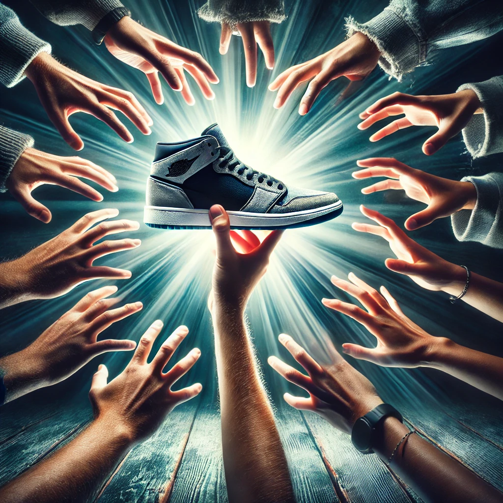 a dynamic and engaging image showcasing a rare sneaker being grabbed by multiple hands, symbolizing the competition for exclusive shoes. the scene is