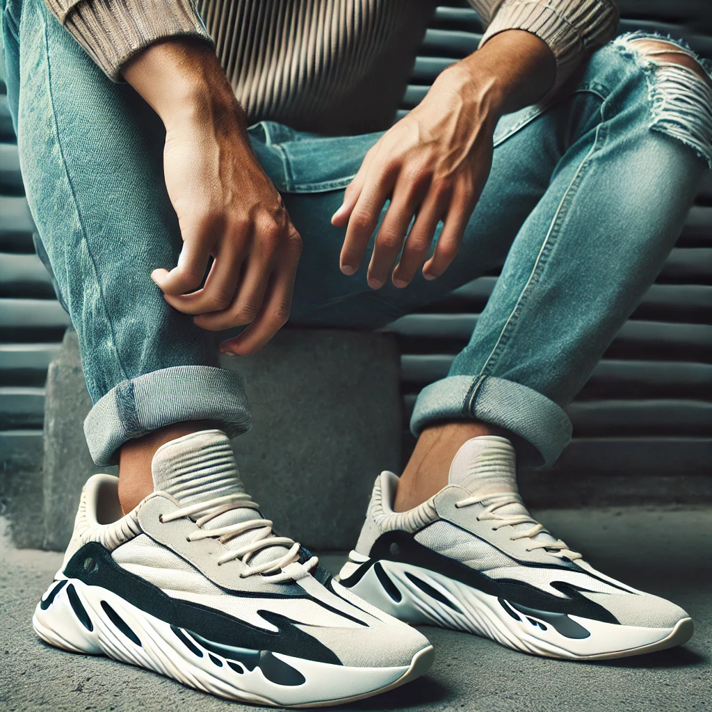 dall·e 2025 02 02 16.48.28 a stylish outfit showcasing sneakers paired with slim fit jeans, emphasizing urban and casual fashion. the sneakers should be the focal point, with a