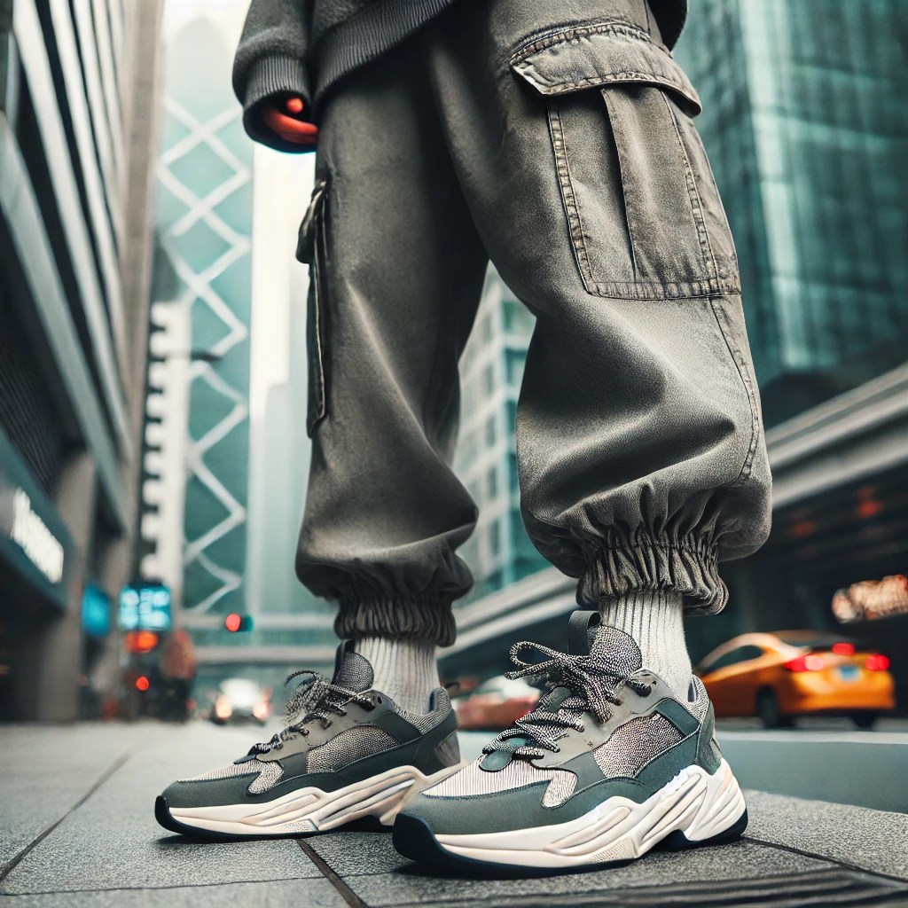 dall·e 2025 02 02 16.48.31 a trendy outfit featuring sneakers paired with baggy pants, highlighting a relaxed and stylish streetwear aesthetic. the sneakers should stand out, wi