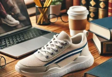 dall·e 2025 02 04 22.55.50 a stylish and comfortable sneaker ideal for university students, placed on a wooden desk with books, a laptop, and a coffee cup in the background. the