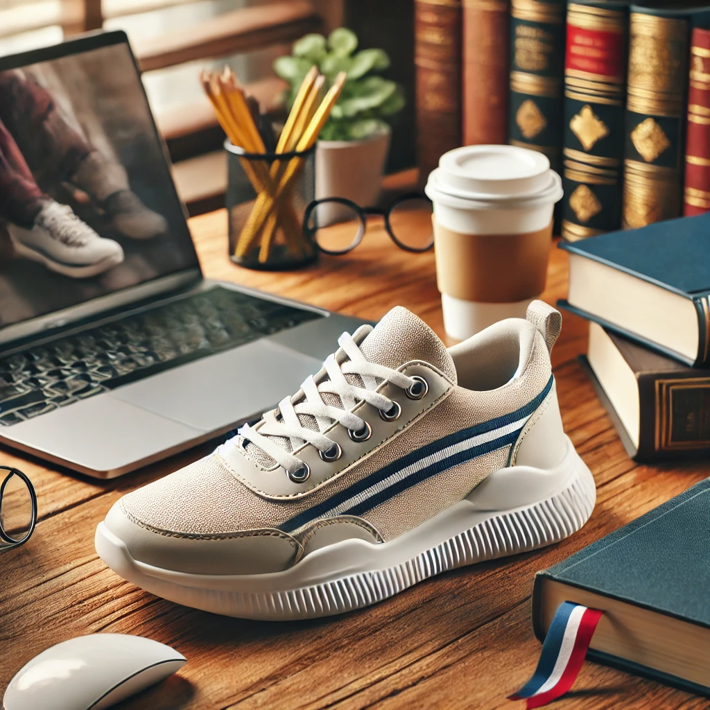 dall·e 2025 02 04 22.55.50 a stylish and comfortable sneaker ideal for university students, placed on a wooden desk with books, a laptop, and a coffee cup in the background. the