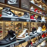 dall·e 2025 02 09 16.18.38 a stylish display of popular sneakers in iran, featuring brands like nike, adidas, and jordan. the sneakers are neatly arranged on shelves with price