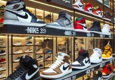 dall·e 2025 02 09 16.18.38 a stylish display of popular sneakers in iran, featuring brands like nike, adidas, and jordan. the sneakers are neatly arranged on shelves with price