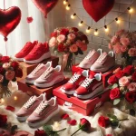 dall·e 2025 02 12 09.20.52 a romantic themed sneaker display for valentine's day, featuring stylish red and pink sneakers arranged with roses and soft lighting, creating a cozy