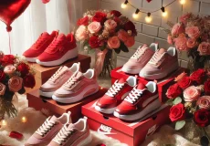 dall·e 2025 02 12 09.20.52 a romantic themed sneaker display for valentine's day, featuring stylish red and pink sneakers arranged with roses and soft lighting, creating a cozy