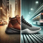 dall·e 2025 02 16 00.07.38 a split screen comparison of two stylish sneakers one made of premium leather and the other made of breathable knit fabric. the leather sneaker has a