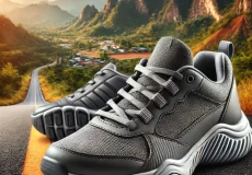 dall·e 2025 02 16 17.23.20 a stylish and comfortable travel sneaker displayed on a scenic road, emphasizing comfort and durability for long walks. the background showcases a bea