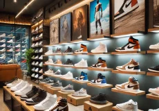 dall·e 2025 02 17 17.00.50 a stylish sneaker store display in iran, featuring a mix of common and rare sneakers. the image showcases well lit shelves filled with various sneaker