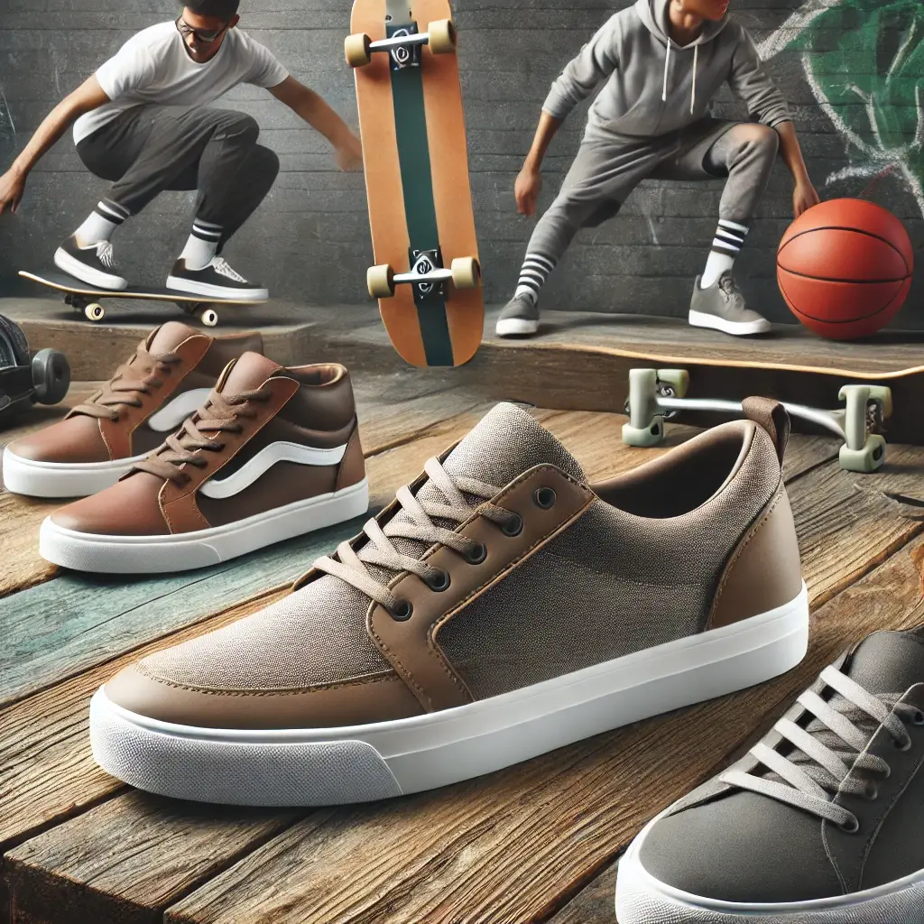 dall·e 2025 02 19 09.51.32 a stylish and functional display of flat sneakers suitable for skateboarding, gym workouts, and everyday wear. the sneakers are arranged neatly, showc