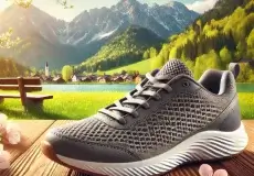 dall·e 2025 03 01 12.17.44 a stylish and comfortable sneaker ideal for long travel journeys, displayed in a scenic outdoor setting with a backdrop of spring landscapes. the snea