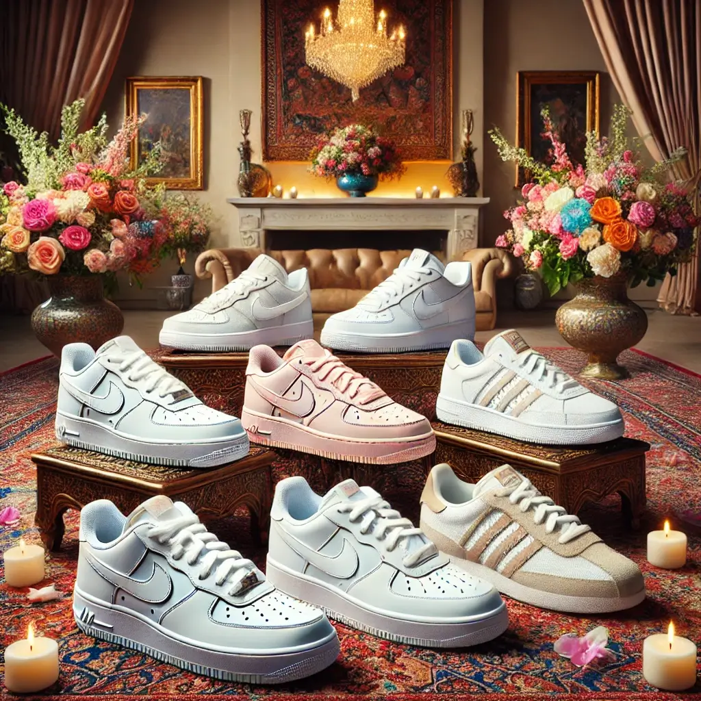 dall·e 2025 03 05 15.29.49 a stylish sneaker collection displayed in an elegant setting suitable for a persian new year gathering. the sneakers should include minimalistic white (1)