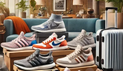 dall·e 2025 03 05 15.41.48 a stylish and comfortable sneaker collection displayed in a modern travel setting. the sneakers include nike pegasus v2, adidas ultraboost, nike air f (1)