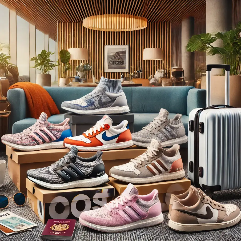 dall·e 2025 03 05 15.41.48 a stylish and comfortable sneaker collection displayed in a modern travel setting. the sneakers include nike pegasus v2, adidas ultraboost, nike air f (1)