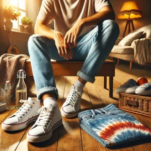 dall·e 2025 03 07 14.29.37 a casual outfit for a family gathering a person wearing refurbished white sneakers, light wash jeans, and a colorful t shirt. the setting is warm and (1)