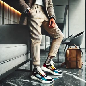 dall·e 2025 03 07 14.32.02 a minimal and trendy outfit a person wearing uniquely colored sneakers, tailored cotton pants, and a stylish sport blazer. the setting is modern and (1)