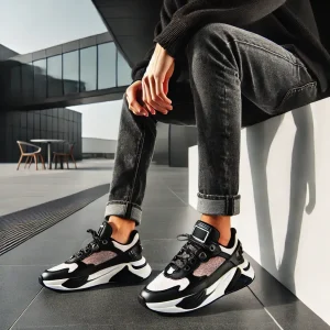 dall·e 2025 03 07 14.32.39 a minimal and trendy outfit a person wearing custom patched sneakers, black jeans, and a simple shirt. the setting is modern and stylish, reflecting (1)