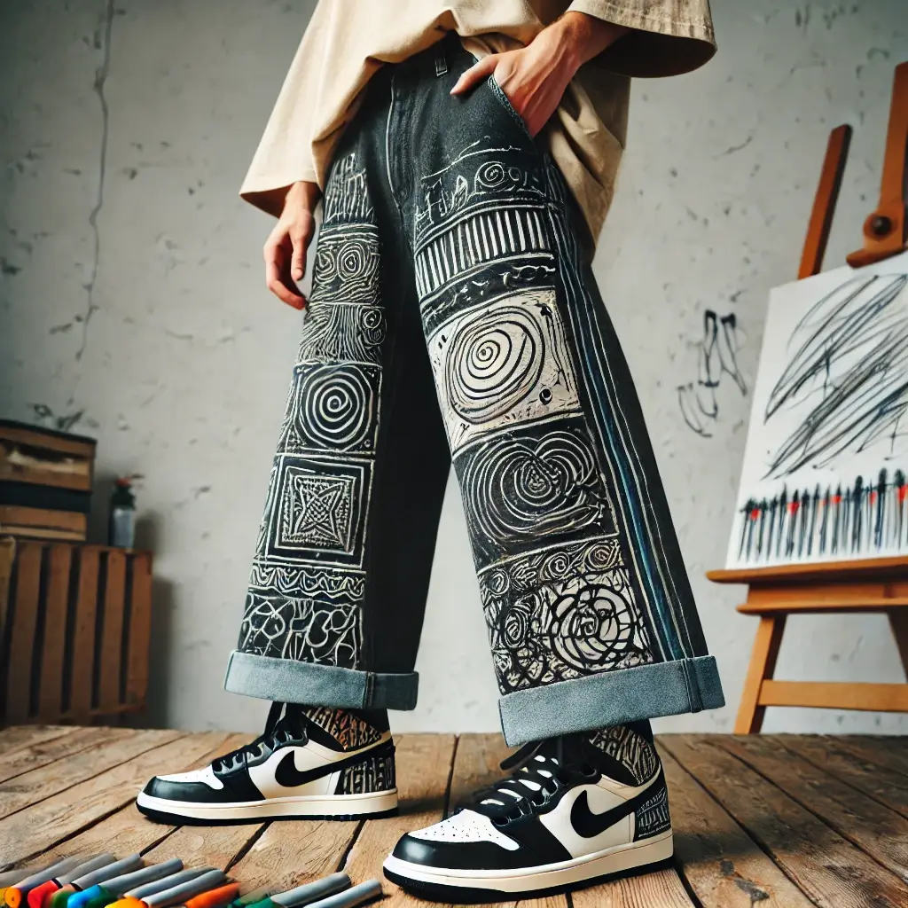 dall·e 2025 03 07 14.33.07 a unique and artistic outfit a person wearing hand drawn sneakers with marker designs, wide leg pants, and an oversized t shirt. the setting is creat (1)