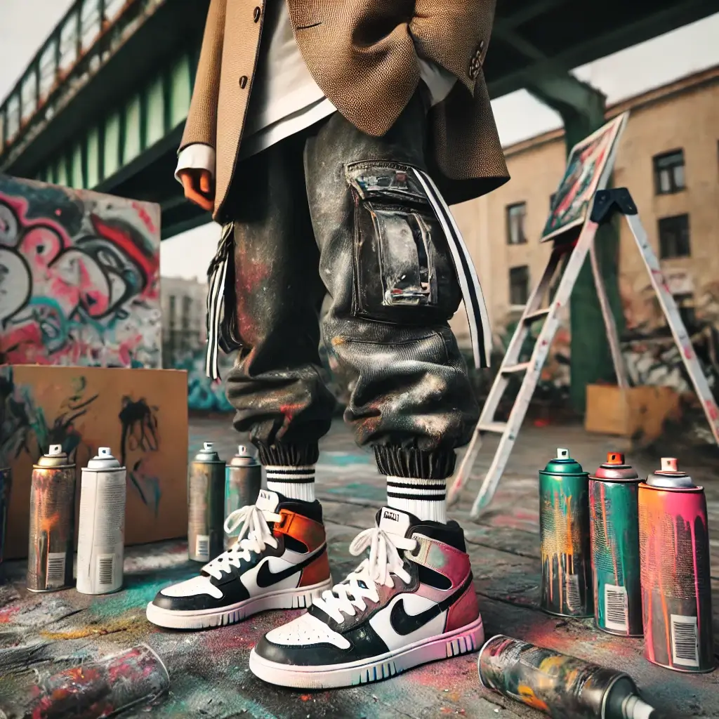 dall·e 2025 03 07 14.33.32 a unique and artistic outfit a person wearing spray painted sneakers, cargo pants, and a sporty blazer. the setting is creative and stylish, reflecti (1)