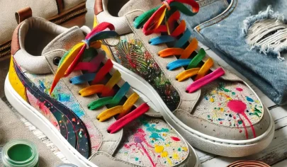 dall·e 2025 03 07 14.48.02 a pair of old sneakers creatively customized with vibrant paint splashes, unique patches, and colorful laces, placed on a stylish background with a ca (1)