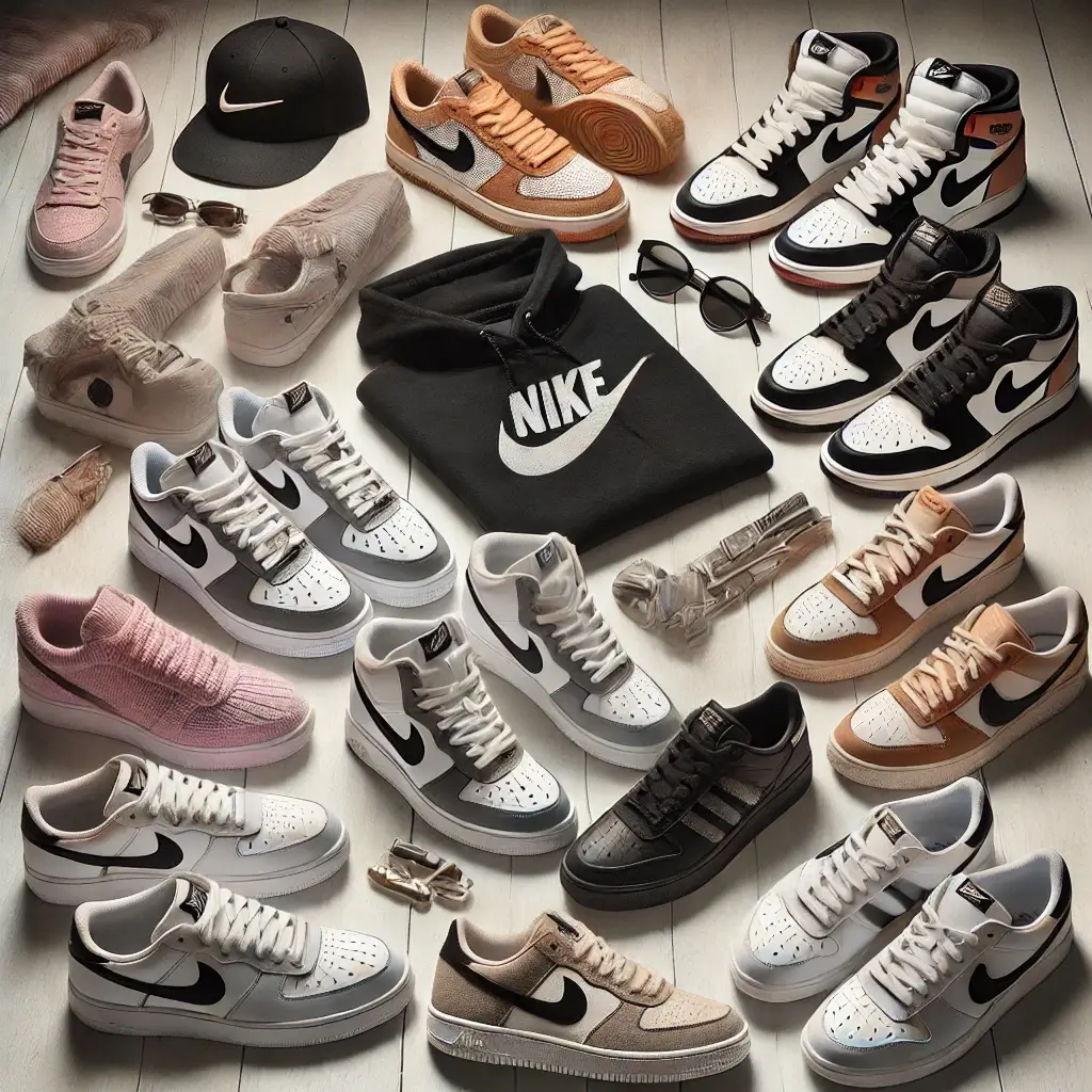 dall·e 2025 03 07 15.22.43 a stylish flat lay of trendy sneakers for street style fashion, featuring nike air force 1 low (white and black), jordan 1 high dusted clay, adidas s (1)