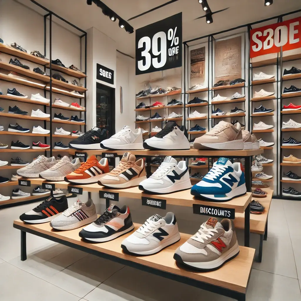 dall·e 2025 03 18 03.19.19 a stylish and affordable sneaker display in a trendy shoe store, featuring various budget friendly sneakers from brands like nike, adidas, and new bal (1)
